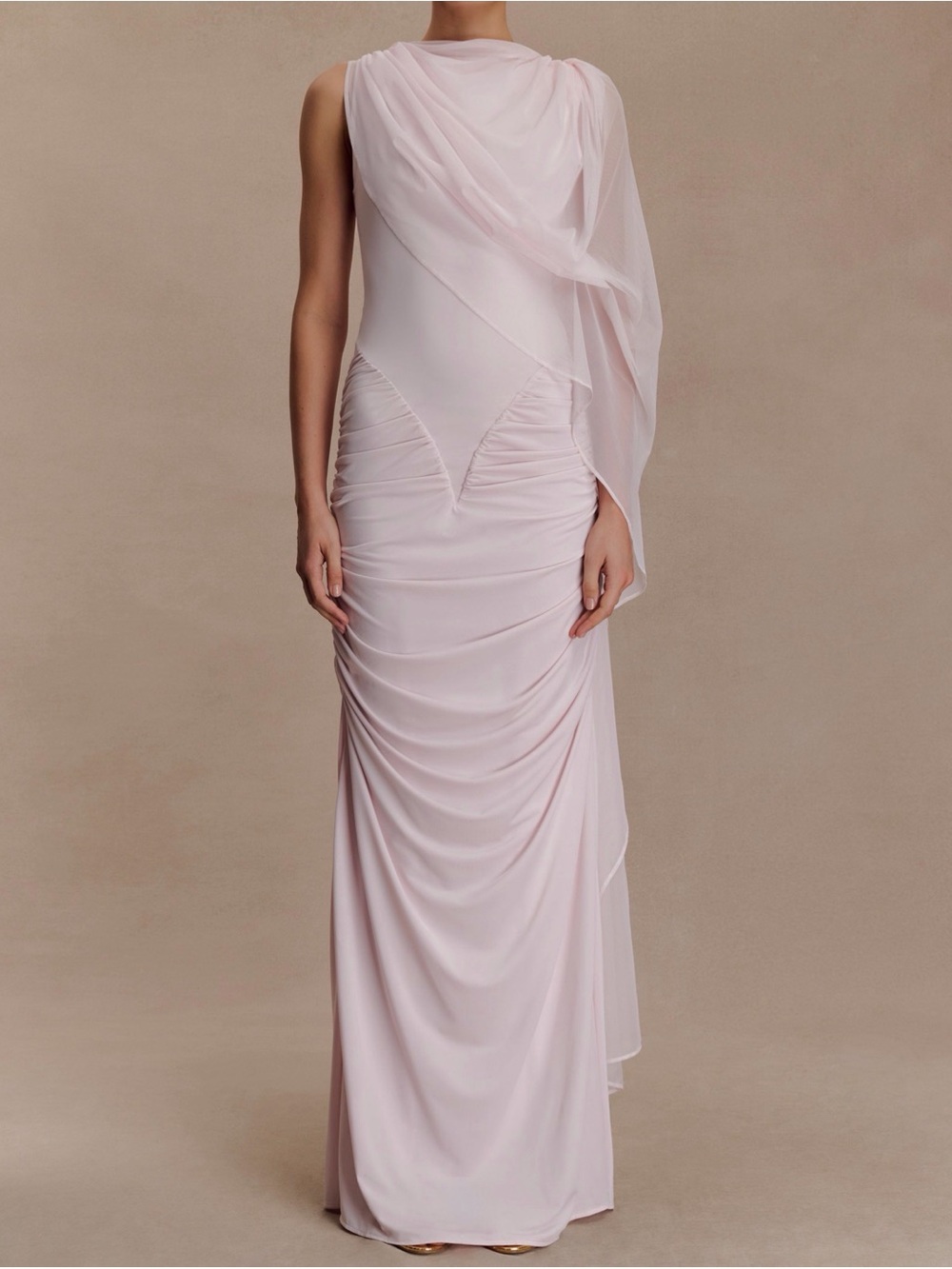 Meshki Pale Pink Ruched Maxi Dress